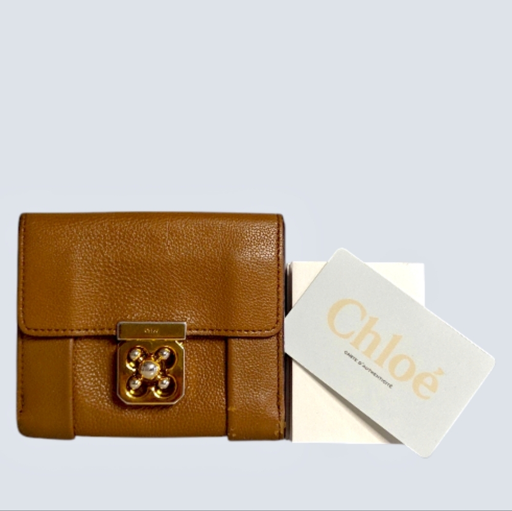 Chloé Tan Leather Elsie Compact Folding Wallet With Twist Turn Lock (w/COA)
